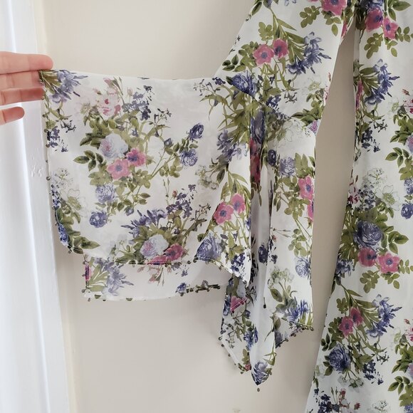 White Kimono Floral Ruffle Style Cardigan Sheer Beaded S Small Handkerchief Hem - Picture 9 of 12